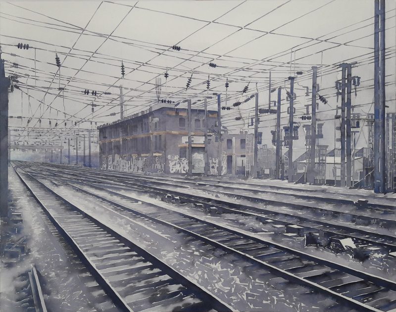 Gare D'Asnières, en direction de Paris. 2018. 114 x 146 cm. Aquarelle sur papier marouflé sur toile