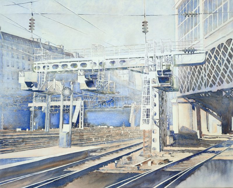 Gare-Saint-Lazare-quai-27-2023.-73-x-92-cm.-Aquarelle-sur-Papier-maroufle-sur-toile